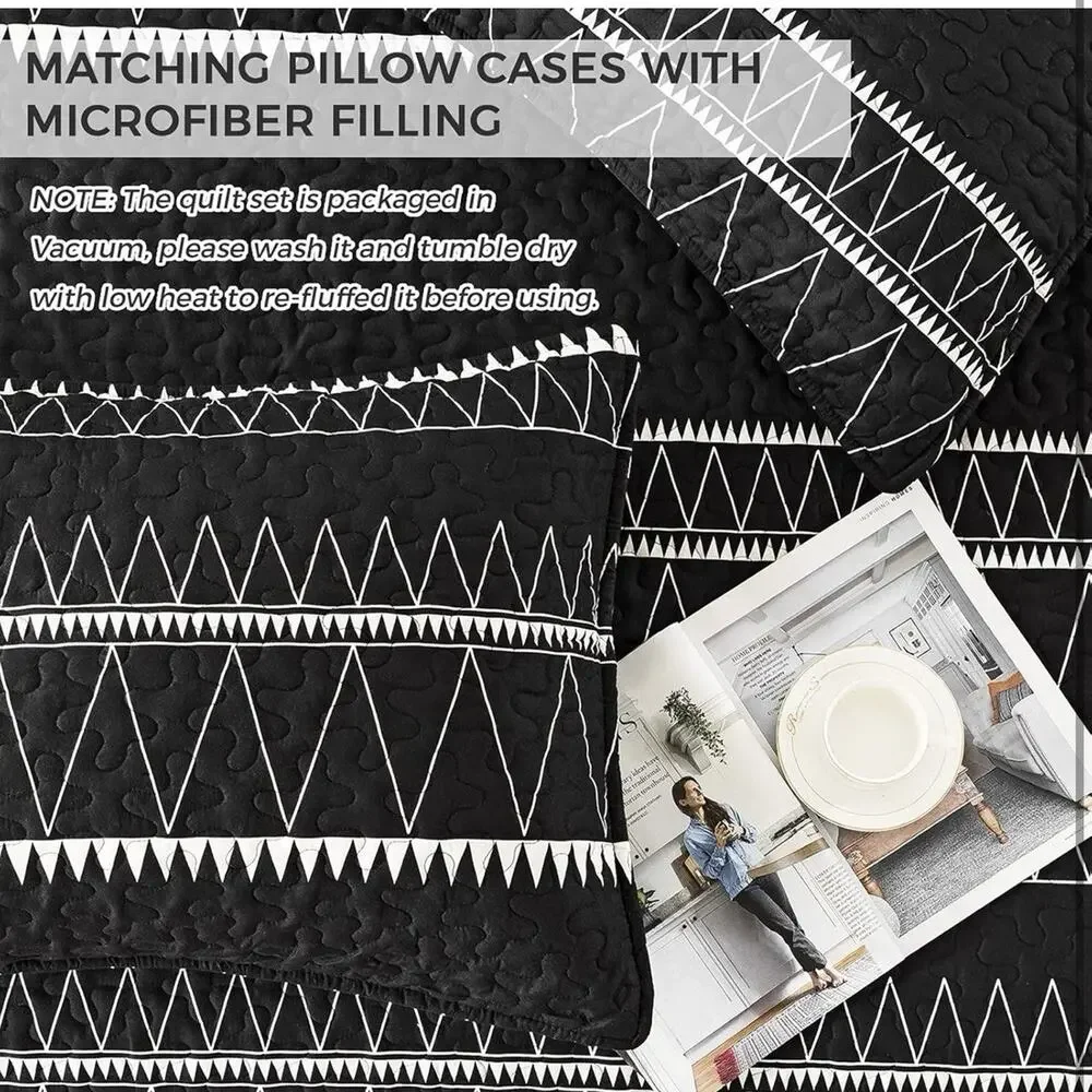 Boho Stitched Black King Quilt 3-Pc Set Bedding Comforter Duvet All Seasons